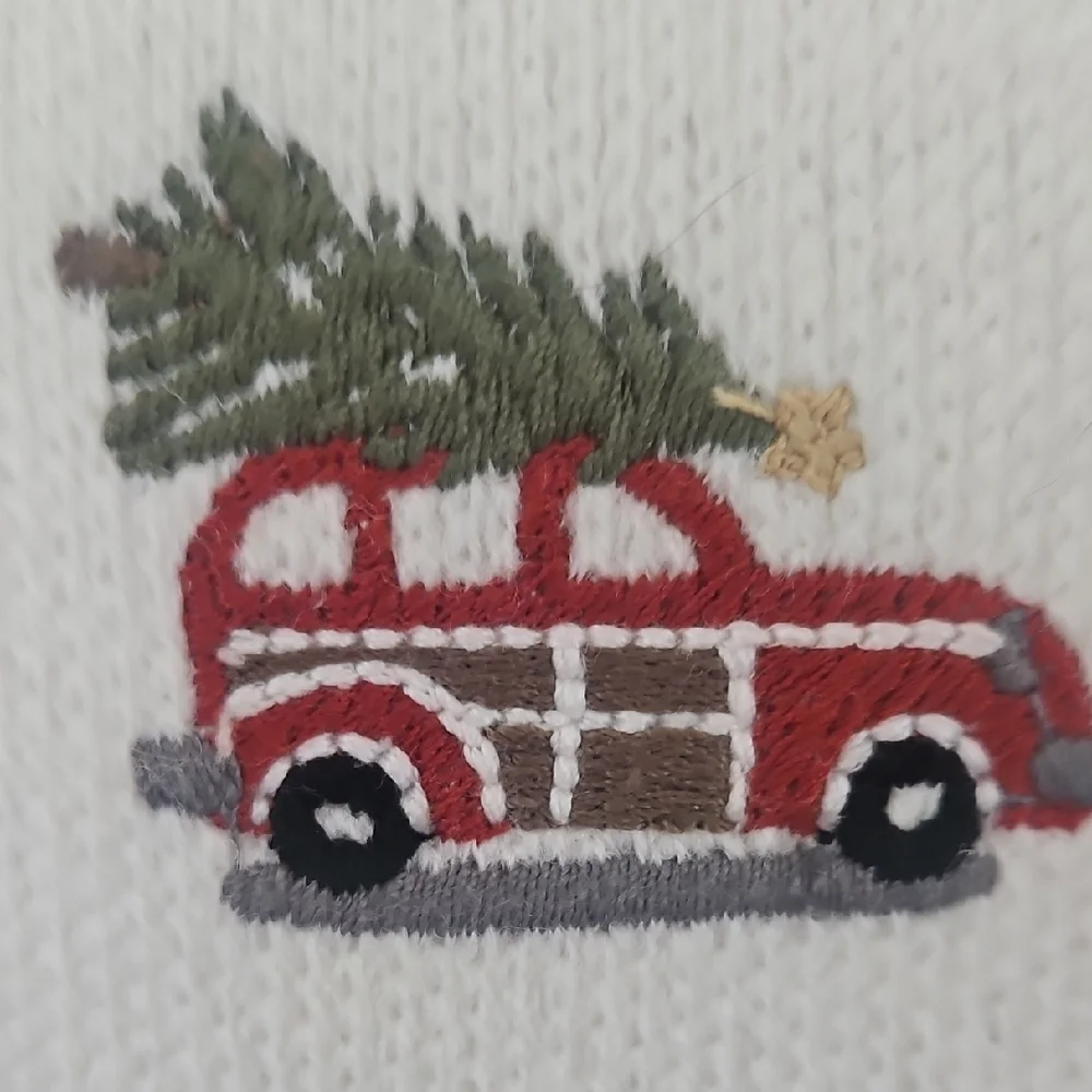 Pottery Barn Festive Red Mini Woody Car Green Trees Holiday Crewel Pillow
